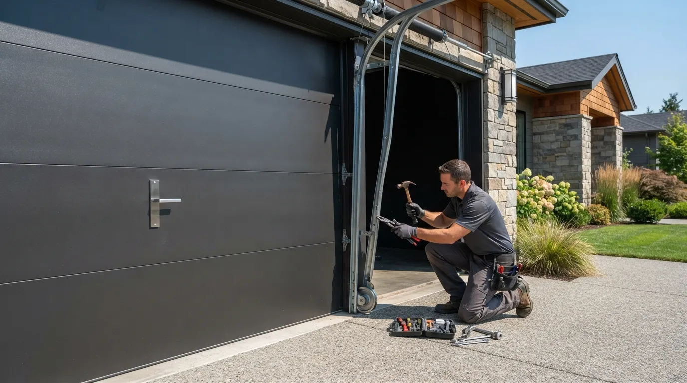 Garage door technician repairing a residential garage door in Waxahachie Texas