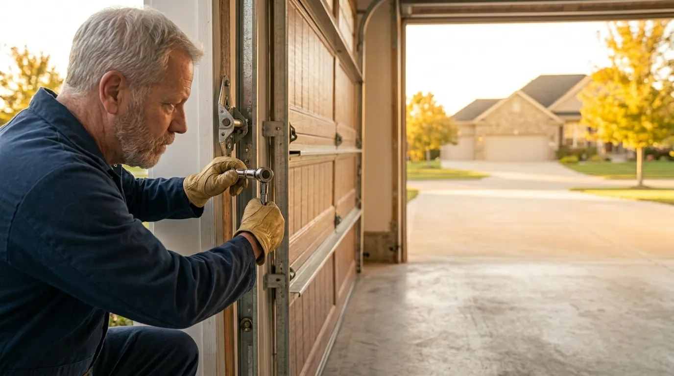 Garage door technician inspecting springs rollers tracks and opener in Waxahachie Texas